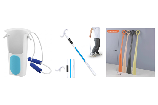 The DailyEase Getting-Dressed Set: the No-Bending Sock Aid, the Telescopic Dressing Stick and the Long-Handled Shoehorn shown together
