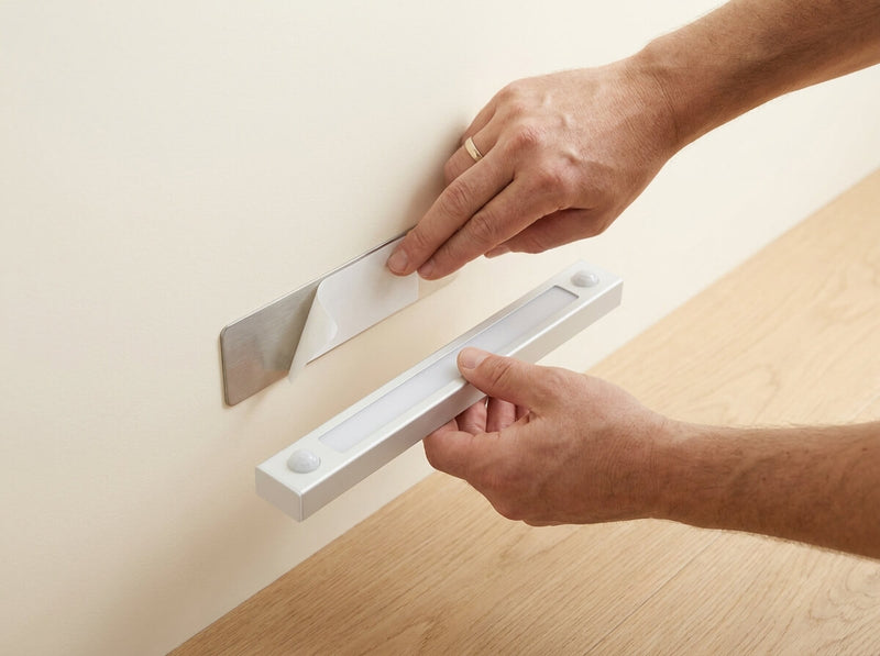 Two hands peel the backing from a slim metal plate on a cream wall while holding the silver light bar.