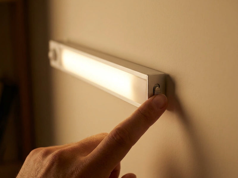 A fingertip slides the small end switch on a warm-lit aluminum light bar mounted on a wall.