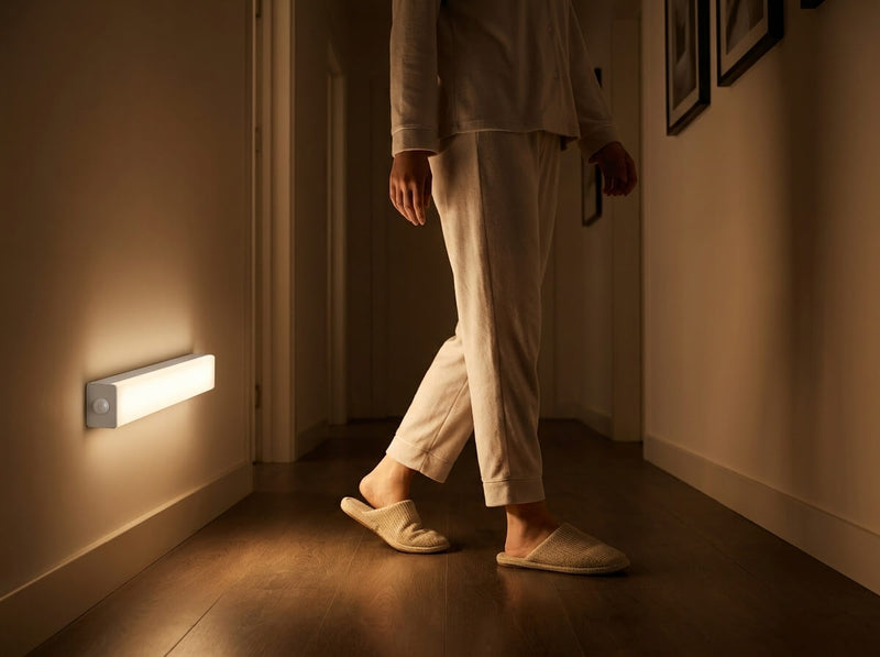 Someone in pajamas and slippers walks along a dark hallway lit by a warm bar mounted low on the wall.