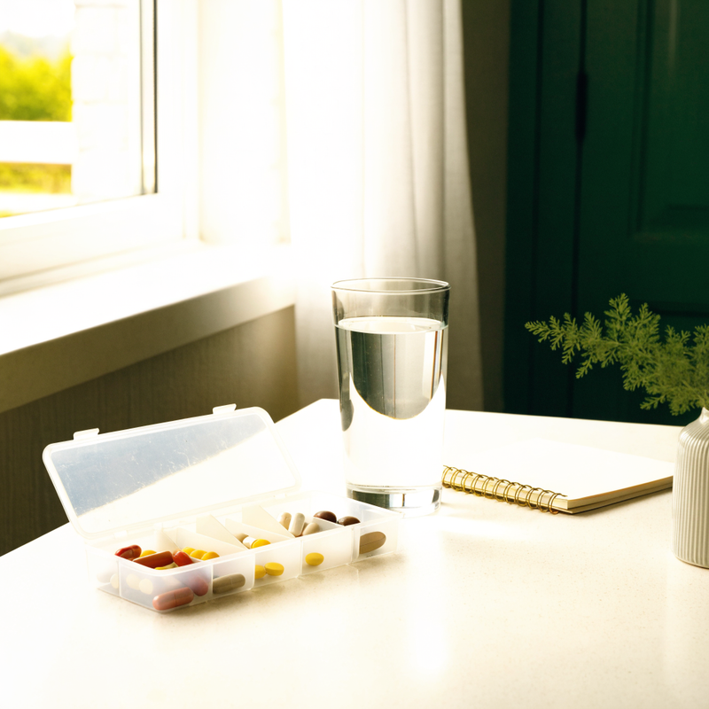 An open weekly pill organiser on a kitchen counter beside a glass of water