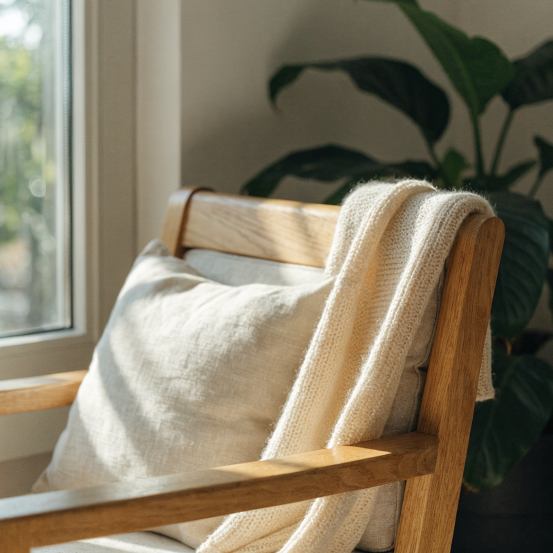 A cream knitted throw folded over a wooden armchair beside a sunlit window