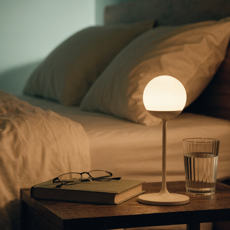 A softly lit bedside lamp beside a book, reading glasses and a glass of water
