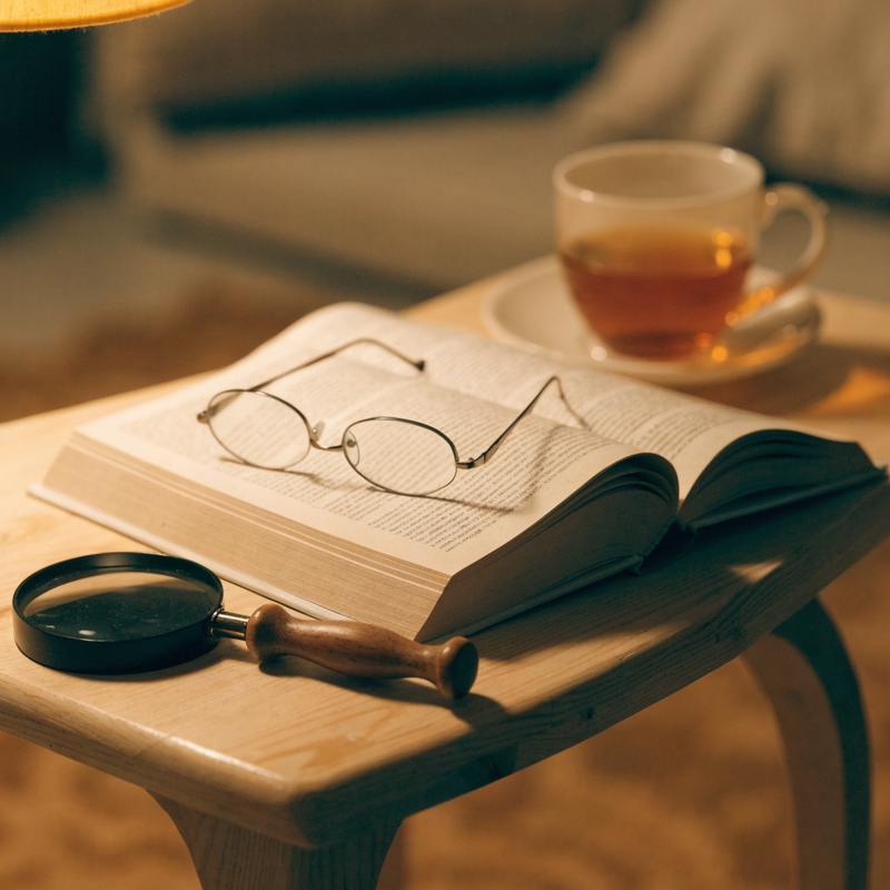 An open book with reading glasses and a handheld magnifier on a side table