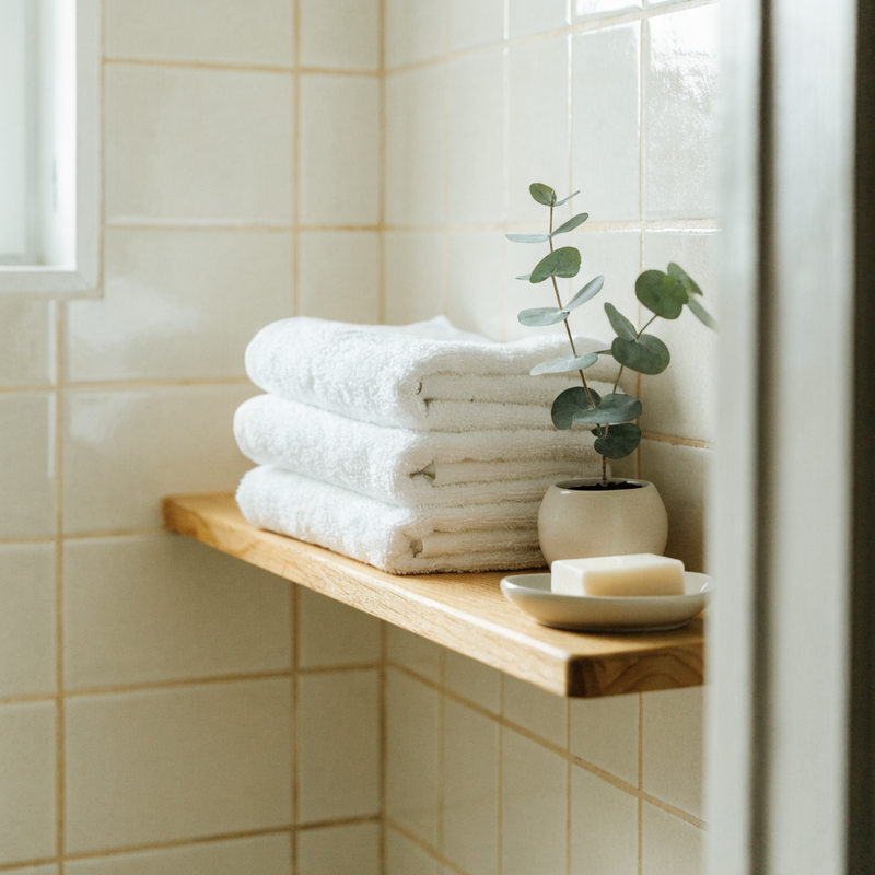 Neatly folded white towels on a light wood shelf in a bright bathroom