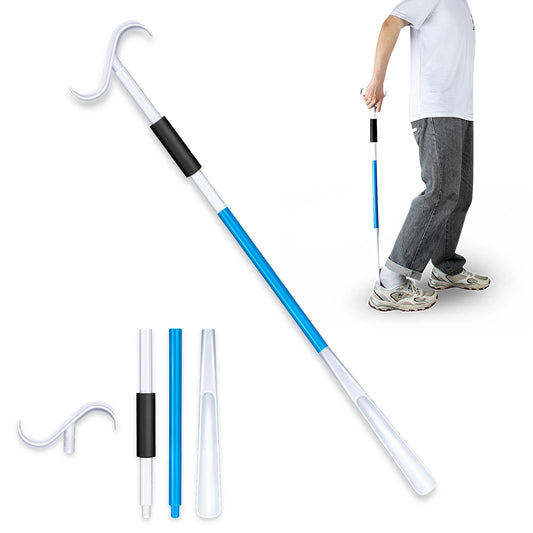 Telescopic dressing stick assembled, with its four screw-together parts laid out below and a person using the shoe horn end to slide a heel into a shoe