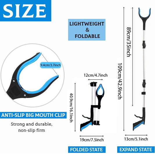 Size chart: 109 cm (42.9 in) extended, 40.9 cm (16.1 in) folded, 9.4 cm (3.7 in) jaw opening