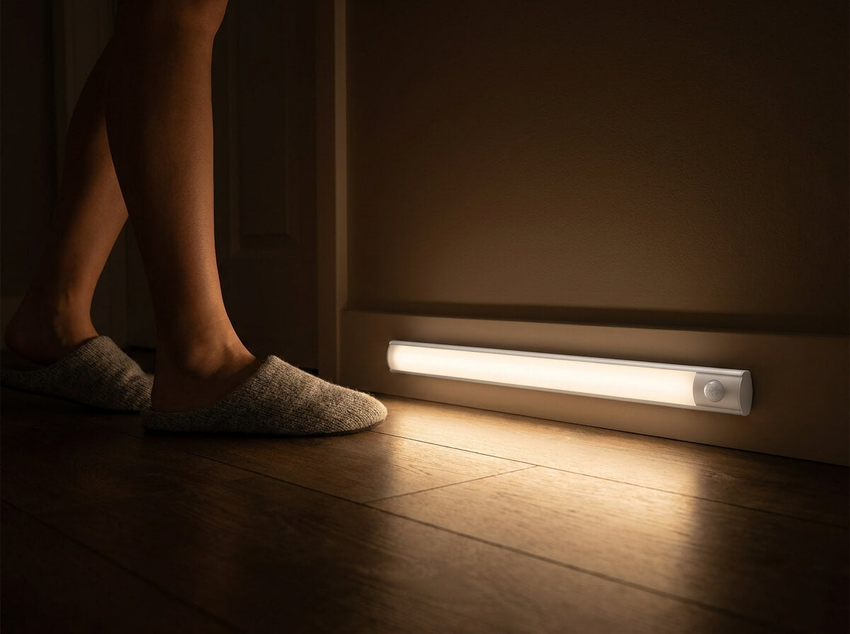 Slippered feet pass a warm floor-level light bar mounted low on a hallway wall at night.