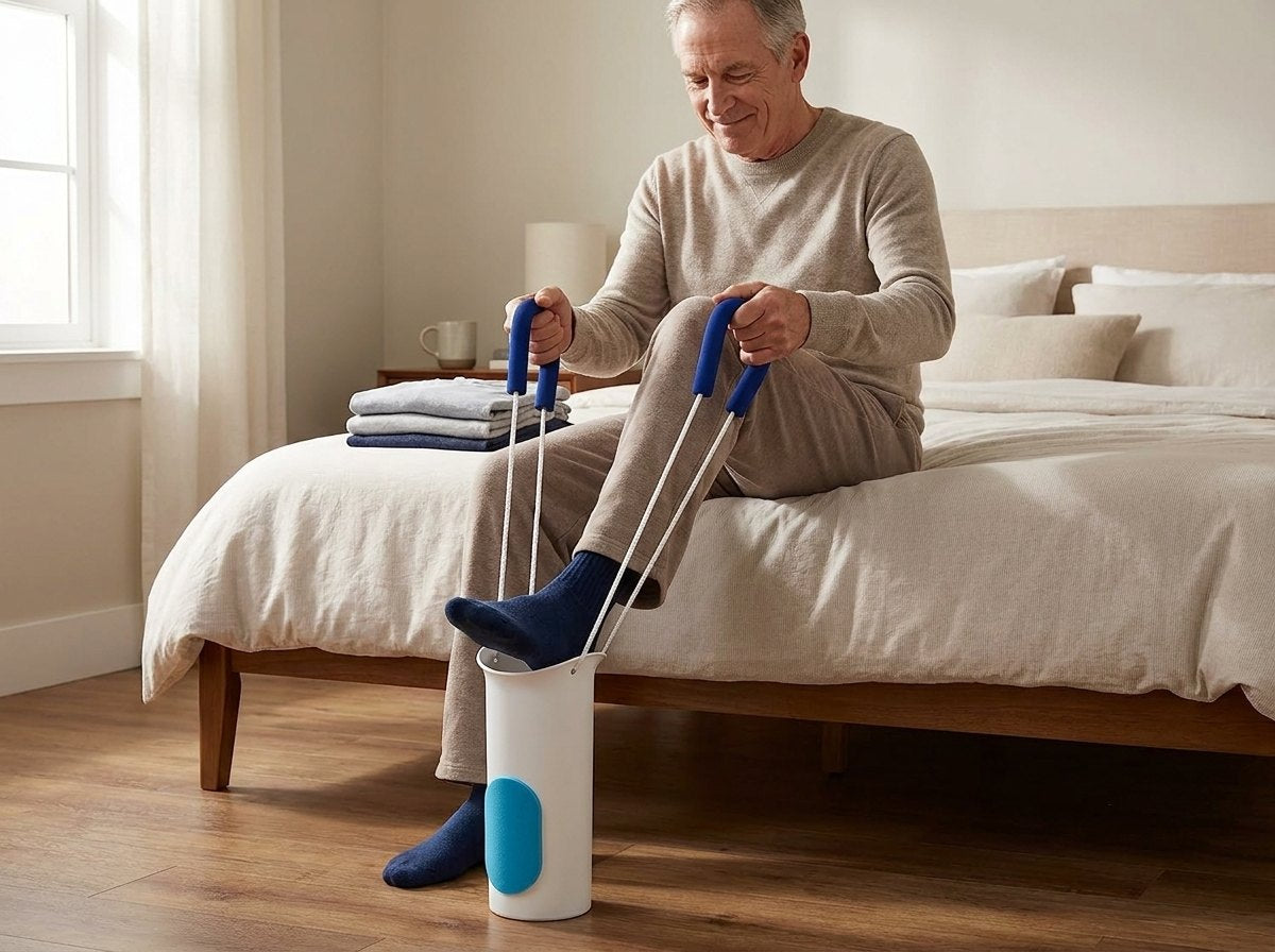 A man sits upright on the edge of a bed in morning light and pulls a sock on using two corded handles.
