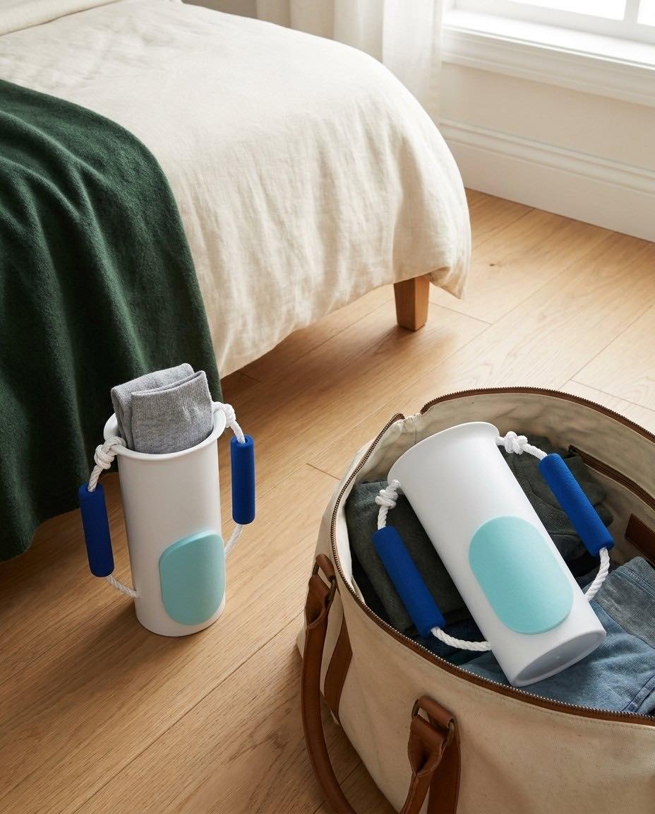 Two sock aids in a bedroom, one loaded with a grey sock beside the bed and one packed in an open travel bag.