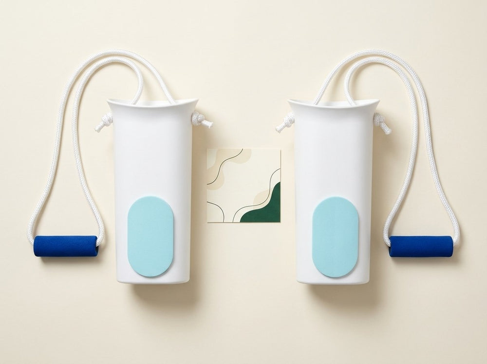 Two identical white sock aids with blue foam handles laid flat beside the illustrated technique card.