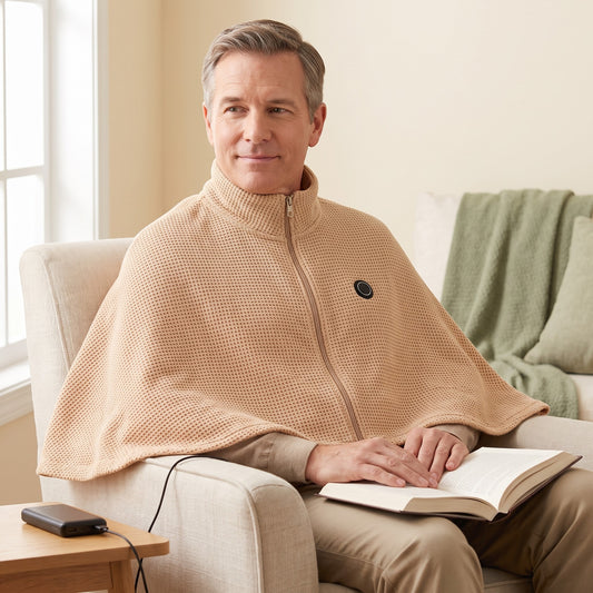 A person sits in a reading chair wearing the apricot Heated Comfort Shawl over the shoulders, a book on the lap, the USB cord running to a power bank on the side table.